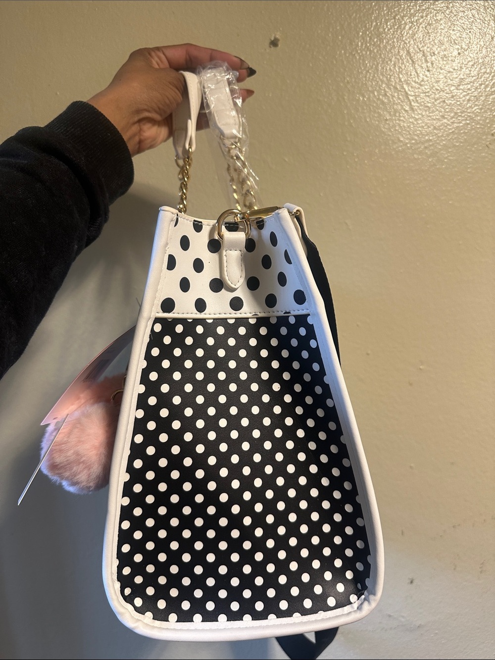 Betsy Johnson Polka Dot Black & White Satchel Tote with Gold Accents - Picture 3 of 5